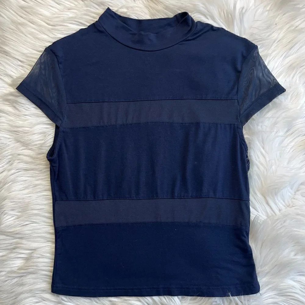 SHEIN Mesh Cut Out Short Sleeve Shirt Dark Blue Size Medium